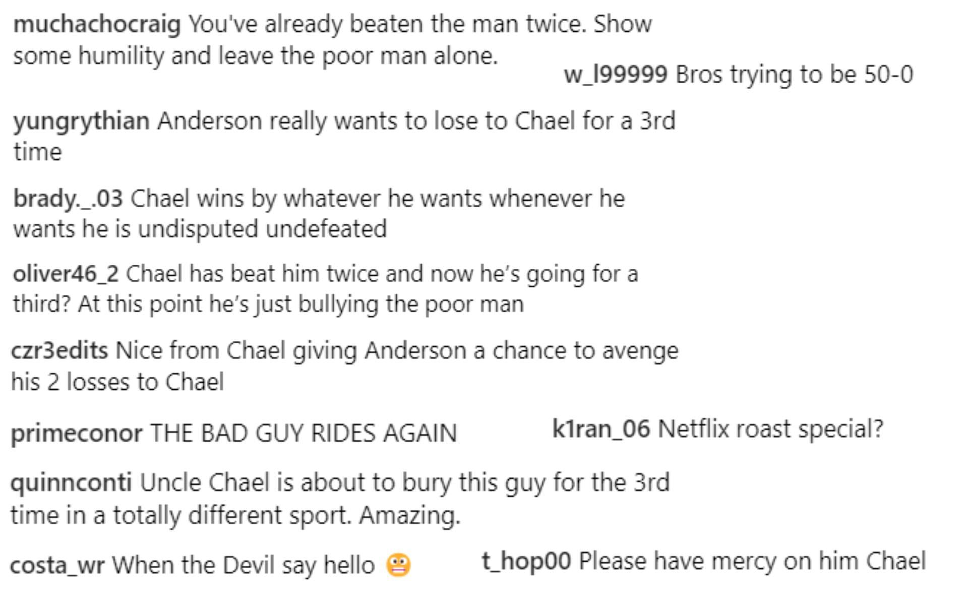 Screenshot of fan reactions to Chael Sonnen's post on Instagram